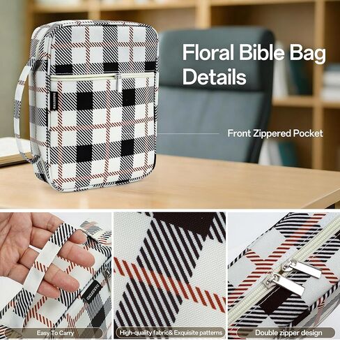 Western Plaid Zippered Bible Cover for Large Study Bibles - Fits up to 10 x 7 x 2 Inch Bibles, Vintage Beige Canvas Bible Case with Handle, Extra Deep Checkered Organizer for Men & Women in Saudi Arabia