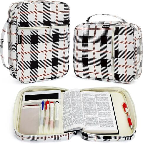 Western Plaid Zippered Bible Cover for Large Study Bibles - Fits up to 10 x 7 x 2 Inch Bibles, Vintage Beige Canvas Bible Case with Handle, Extra Deep Checkered Organizer for Men & Women in Saudi Arabia