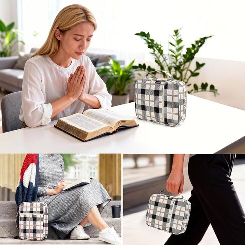 Western Plaid Zippered Bible Cover for Large Study Bibles - Fits up to 10 x 7 x 2 Inch Bibles, Vintage Beige Canvas Bible Case with Handle, Extra Deep Checkered Organizer for Men & Women in Saudi Arabia