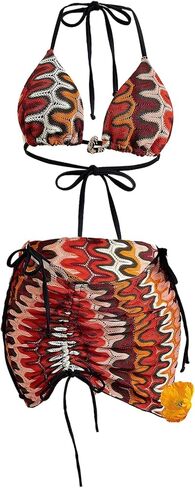 SweatyRocks Women's 3 Piece Swimsuits Boho Crochet Knitted Halter Triangle Bikini Sets with Drawstring Cover Up in Saudi Arabia