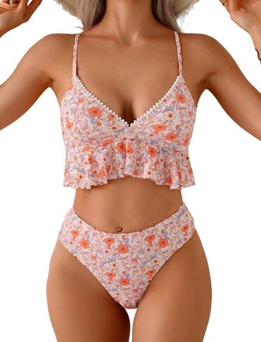 ZAFUL Womens High Waisted Bikini Sets Floral Ruffle Trim V Neck Two Piece Swimsuits Bathing Suits in Saudi Arabia