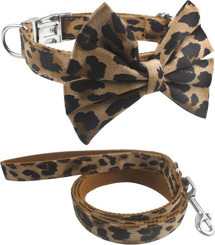 YOY Soft Comfortable Adjustable Leopard Print Pet Collar with Bowtie, Heavy Duty Dog Collar and Leash Set for Small Medium Large Dogs Cats, Puppy Grooming Doggy Accessories, Length 12"-16" in Kuwait