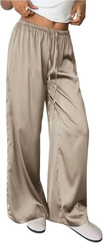 MakeMeChic Women's Satin Pants Drawstring Waist Straight Leg Chocolate Brown Silk Lounge Pants in Saudi Arabia