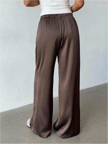 MakeMeChic Women's Satin Pants Drawstring Waist Straight Leg Chocolate Brown Silk Lounge Pants in Saudi Arabia