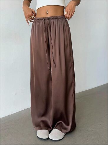 MakeMeChic Women's Satin Pants Drawstring Waist Straight Leg Chocolate Brown Silk Lounge Pants in Saudi Arabia