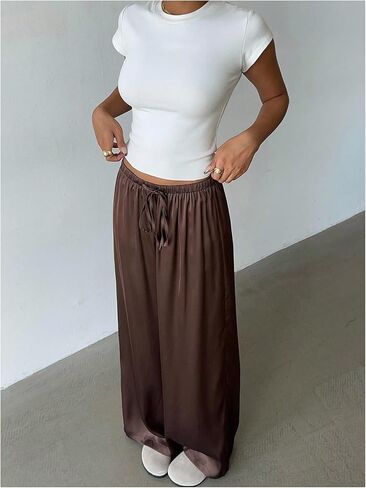 MakeMeChic Women's Satin Pants Drawstring Waist Straight Leg Chocolate Brown Silk Lounge Pants in Saudi Arabia