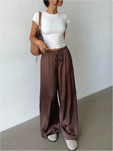 MakeMeChic Women's Satin Pants Drawstring Waist Straight Leg Chocolate Brown Silk Lounge Pants in Saudi Arabia