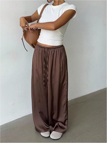 MakeMeChic Women's Satin Pants Drawstring Waist Straight Leg Chocolate Brown Silk Lounge Pants in Saudi Arabia
