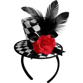 Mini Top Hat for Women Black and White Checkered Clown Headband Checkered Crazy Hats for Adults Men Halloween Cosplay Costume Accessories in Kuwait