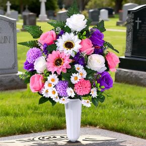Waipfaru Artificial Cemetery Flowers for Grave, 2 Sets Artificial Flowers for Cemetery Memorial, Realistic UV Resistant Silk Rose Fern Sunflower with Vase for Outdoor Memorial Day Grave Decorations in Kuwait