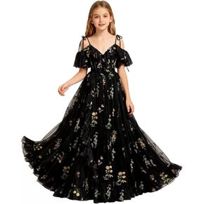 Flower Embroidery Tulle Prom Dress for Teens Junior Bridesmaid Dresses with Slit Girls Formal Party Gowns in Kuwait