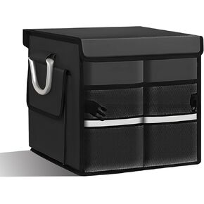 Car Trunk Organizer with Lid, 28L 2-Compartment Collapsible Trunk Cargo Storage Box, Waterproof Oxford Vehicle Backseat Storage Organizer with Base Plate & Metal Handle, Car Accessories (Black) in Saudi Arabia