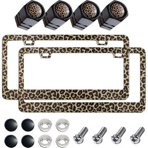 2Pcs Printed Aluminum Alloy License Plate Frames and 1 Set of Printed Valve Caps,Sturdy and Rust-Proof Aluminum Brackets,Unisex Car License Plate Frames,Screws Included. (Black Leopard Print) in Saudi Arabia