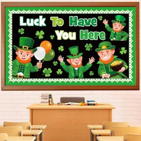 St. Patrick's Day Leprechaun Bulletin Board Set, St. Patrick's Day Classroom Decorations Leprechaun Shamrocks Clover Gold Coin Cutouts Home Window Wall Party Decor for Teacher(Luck to Have You Here) in Kuwait