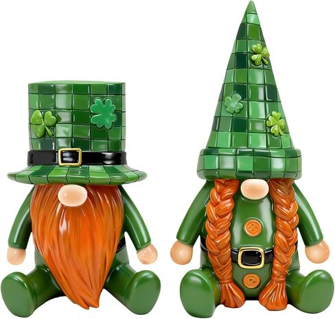 St. Patrick's Day Decor 2Pcs Irish Gnomes Figurines - Resin Green Grid Hats Small Lucky Shamrock Saint Leprechaun for Home Office Table Decoration in Saudi Arabia