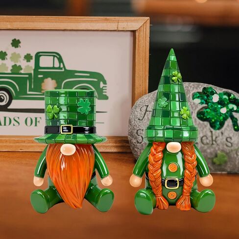 St. Patrick's Day Decor 2Pcs Irish Gnomes Figurines - Resin Green Grid Hats Small Lucky Shamrock Saint Leprechaun for Home Office Table Decoration in Saudi Arabia