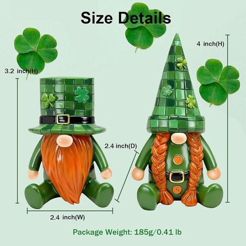St. Patrick's Day Decor 2Pcs Irish Gnomes Figurines - Resin Green Grid Hats Small Lucky Shamrock Saint Leprechaun for Home Office Table Decoration in Saudi Arabia