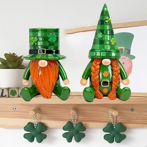 St. Patrick's Day Decor 2Pcs Irish Gnomes Figurines - Resin Green Grid Hats Small Lucky Shamrock Saint Leprechaun for Home Office Table Decoration in Saudi Arabia