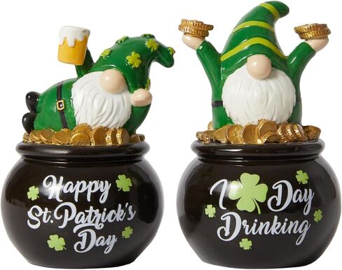 WDS WONDROUS St Patrick's Day Decorations Leprechaun Gnome Figurines 2Pcs, Lucky Pot of Gold Green Resin Small Coffee Gnomes Statue Decor for St. Patrick's Day Decor Home Party Gift in Saudi Arabia