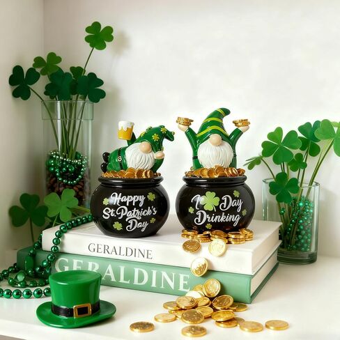 WDS WONDROUS St Patrick's Day Decorations Leprechaun Gnome Figurines 2Pcs, Lucky Pot of Gold Green Resin Small Coffee Gnomes Statue Decor for St. Patrick's Day Decor Home Party Gift in Saudi Arabia