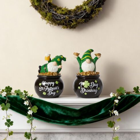 WDS WONDROUS St Patrick's Day Decorations Leprechaun Gnome Figurines 2Pcs, Lucky Pot of Gold Green Resin Small Coffee Gnomes Statue Decor for St. Patrick's Day Decor Home Party Gift in Saudi Arabia