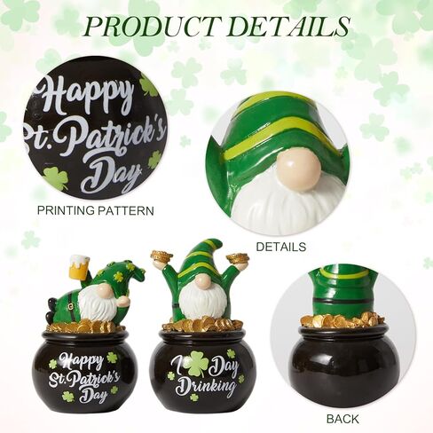 WDS WONDROUS St Patrick's Day Decorations Leprechaun Gnome Figurines 2Pcs, Lucky Pot of Gold Green Resin Small Coffee Gnomes Statue Decor for St. Patrick's Day Decor Home Party Gift in Saudi Arabia
