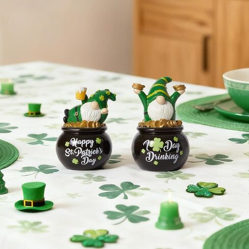 WDS WONDROUS St Patrick's Day Decorations Leprechaun Gnome Figurines 2Pcs, Lucky Pot of Gold Green Resin Small Coffee Gnomes Statue Decor for St. Patrick's Day Decor Home Party Gift in Saudi Arabia