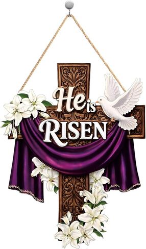 He Is Risen Easter Door Sign, Large Wooden Cross Hanging Decoration for Front Door, Christian Religious Easter Wall Decor with Lily Flowers for Home Farmhouse Porch in Kuwait