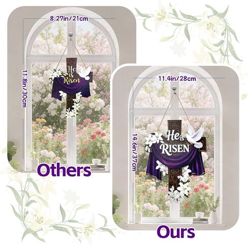 He Is Risen Easter Door Sign, Large Wooden Cross Hanging Decoration for Front Door, Christian Religious Easter Wall Decor with Lily Flowers for Home Farmhouse Porch in Kuwait