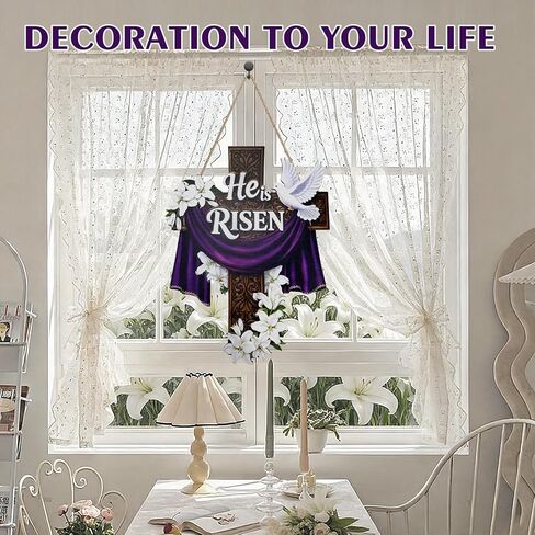 He Is Risen Easter Door Sign, Large Wooden Cross Hanging Decoration for Front Door, Christian Religious Easter Wall Decor with Lily Flowers for Home Farmhouse Porch in Kuwait
