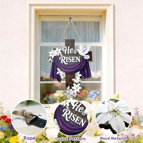 He Is Risen Easter Door Sign, Large Wooden Cross Hanging Decoration for Front Door, Christian Religious Easter Wall Decor with Lily Flowers for Home Farmhouse Porch in Kuwait