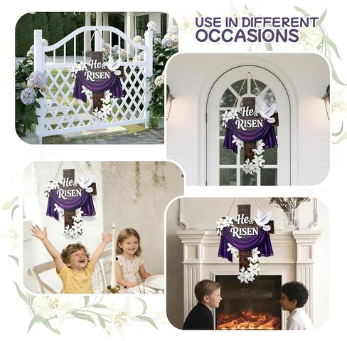 He Is Risen Easter Door Sign, Large Wooden Cross Hanging Decoration for Front Door, Christian Religious Easter Wall Decor with Lily Flowers for Home Farmhouse Porch in Kuwait