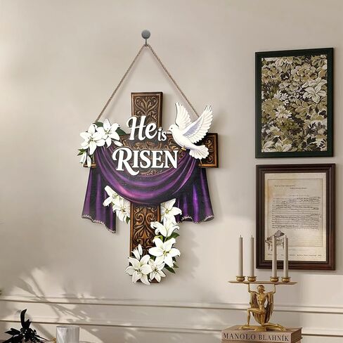 He Is Risen Easter Door Sign, Large Wooden Cross Hanging Decoration for Front Door, Christian Religious Easter Wall Decor with Lily Flowers for Home Farmhouse Porch in Kuwait