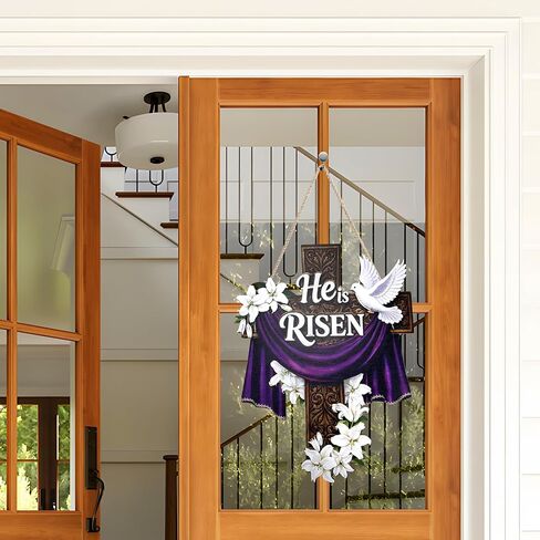 He Is Risen Easter Door Sign, Large Wooden Cross Hanging Decoration for Front Door, Christian Religious Easter Wall Decor with Lily Flowers for Home Farmhouse Porch in Kuwait