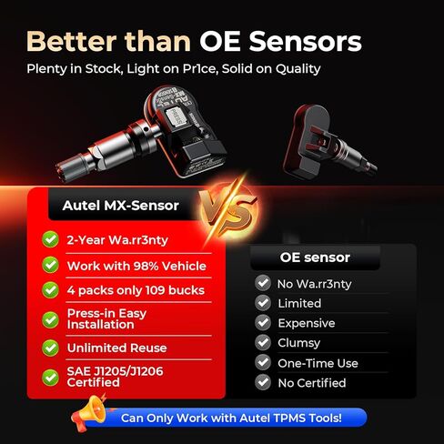 مستشعر Autel TPMS، مستشعر MX 2 في 1 (315 ميجا هرتز + 433 ميجا هرتز) لـ 99% من السيارات، برمجة لاسلكية قابلة للاستنساخ بنسبة 100%، مثل مستشعرات OE، عمر بطارية 6 سنوات (صمام معدني مضغوط، 8 قطع) in Kuwait