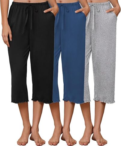 Ekouaer 3 Pack Women Capri Pajama Pants 2026 كشكش هيم صالة السراويل الرباط PJ قيعان مع جيوب in Saudi Arabia