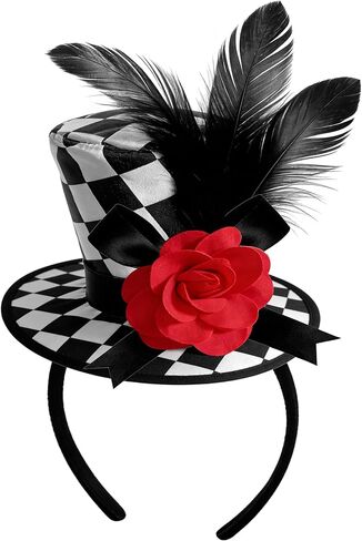 Mini Top Hat for Women Black and White Checkered Clown Headband Checkered Crazy Hats for Adults Men Halloween Cosplay Costume Accessories in Kuwait