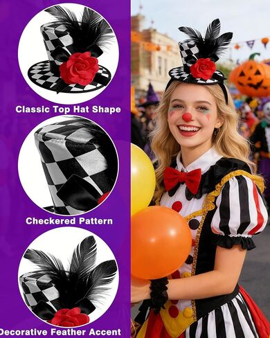 Mini Top Hat for Women Black and White Checkered Clown Headband Checkered Crazy Hats for Adults Men Halloween Cosplay Costume Accessories in Kuwait