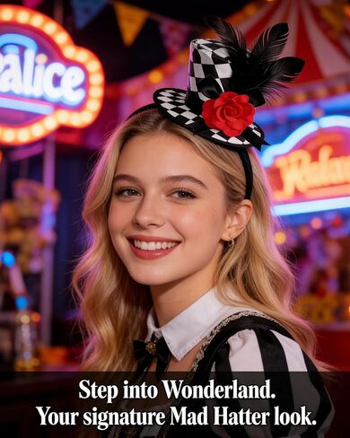 Mini Top Hat for Women Black and White Checkered Clown Headband Checkered Crazy Hats for Adults Men Halloween Cosplay Costume Accessories in Kuwait