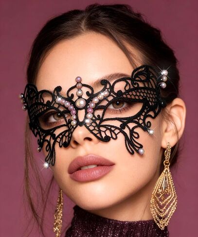 Ursumy Black Masquerade Mask for Women Tassel Eye Lace Mask with Beaded Chain Party Costume Prom Ball Face Accessories in Saudi Arabia