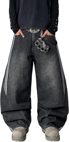 Men's Wide Leg Jeans Irregular Sutures Baggy Pants Loose Fit Skater Jeans Trousers with Pockets in Kuwait