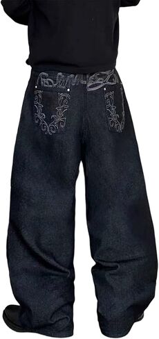 جينز رجالي فضفاض هيب هوب أنيق مطرز واسع الساق فضفاض مناسب Y2k جينز غير رسمي متزلج ملابس الشارع الشهير من قماش الدنيم in Kuwait