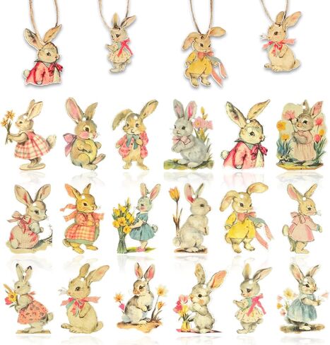 Vintage Easter Decoration Wooden Hanging Ornaments - 36Pcs Vintage Style Rabbits Bunny Wood Cutouts Rustic Farmhouse Spring Tree Decor Home Easter Party Supplies in Saudi Arabia