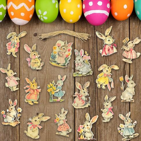 Vintage Easter Decoration Wooden Hanging Ornaments - 36Pcs Vintage Style Rabbits Bunny Wood Cutouts Rustic Farmhouse Spring Tree Decor Home Easter Party Supplies in Saudi Arabia