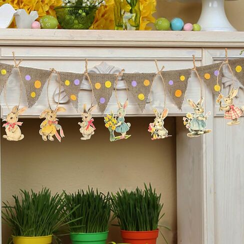 Vintage Easter Decoration Wooden Hanging Ornaments - 36Pcs Vintage Style Rabbits Bunny Wood Cutouts Rustic Farmhouse Spring Tree Decor Home Easter Party Supplies in Saudi Arabia