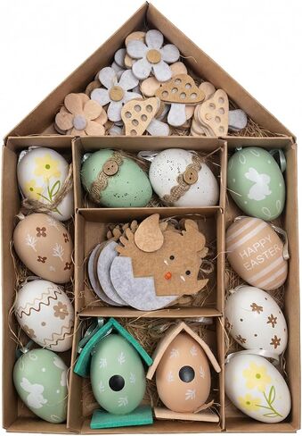 46PCS Easter Egg Tree Ornaments Set, Beige & Green Shatterproof Hanging Plastic Eggs, Decorative Birdhouse & Floral Design for Spring Tree, Easter Decorations in Kuwait