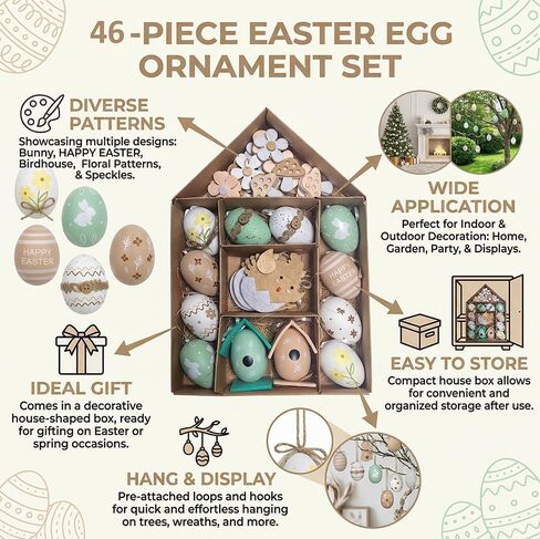 46PCS Easter Egg Tree Ornaments Set, Beige & Green Shatterproof Hanging Plastic Eggs, Decorative Birdhouse & Floral Design for Spring Tree, Easter Decorations in Kuwait