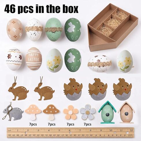 46PCS Easter Egg Tree Ornaments Set, Beige & Green Shatterproof Hanging Plastic Eggs, Decorative Birdhouse & Floral Design for Spring Tree, Easter Decorations in Kuwait