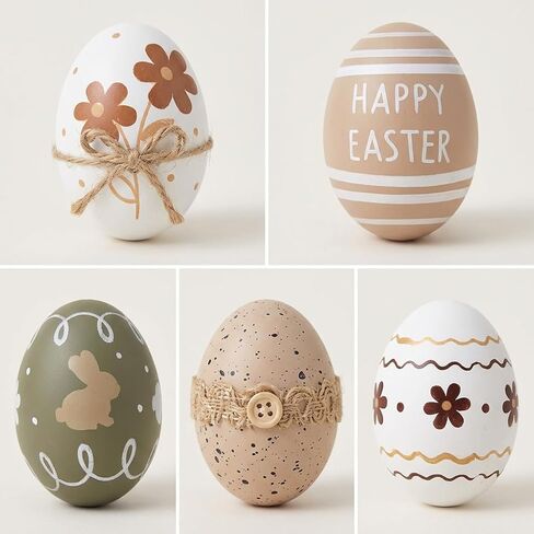 46PCS Easter Egg Tree Ornaments Set, Beige & Green Shatterproof Hanging Plastic Eggs, Decorative Birdhouse & Floral Design for Spring Tree, Easter Decorations in Kuwait