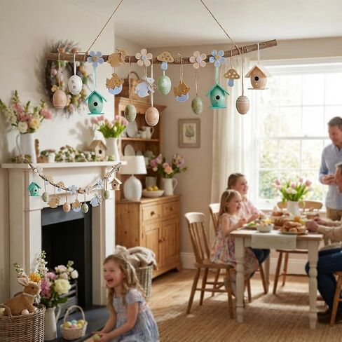 46PCS Easter Egg Tree Ornaments Set, Beige & Green Shatterproof Hanging Plastic Eggs, Decorative Birdhouse & Floral Design for Spring Tree, Easter Decorations in Kuwait
